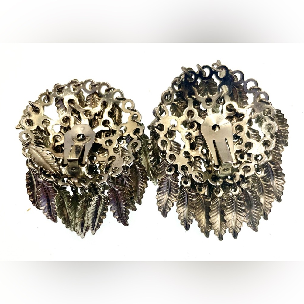 Vintage Silver Tone Dangling Leaf Cluster Clip On Cha Cha Earrings MCM Art Deco - Picture 6 of 6